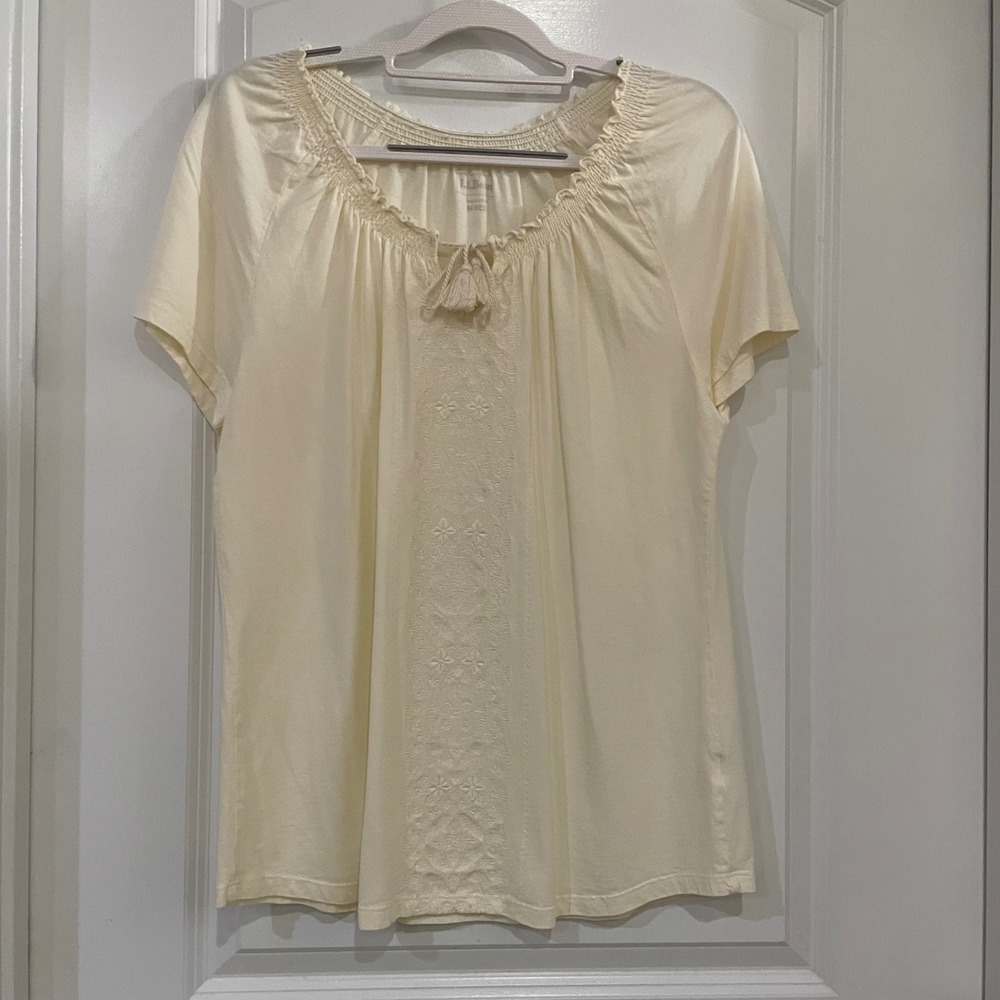 LL Bean Womens Cream Embroidered Tassel Neck Boho Smocked Tunic Top M